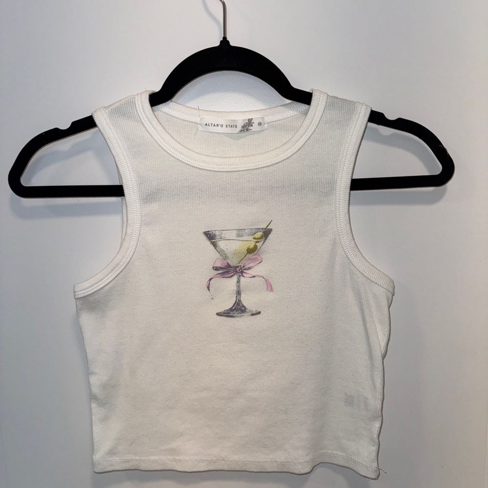 Altar'd State White Tank Top with Martini Graphic